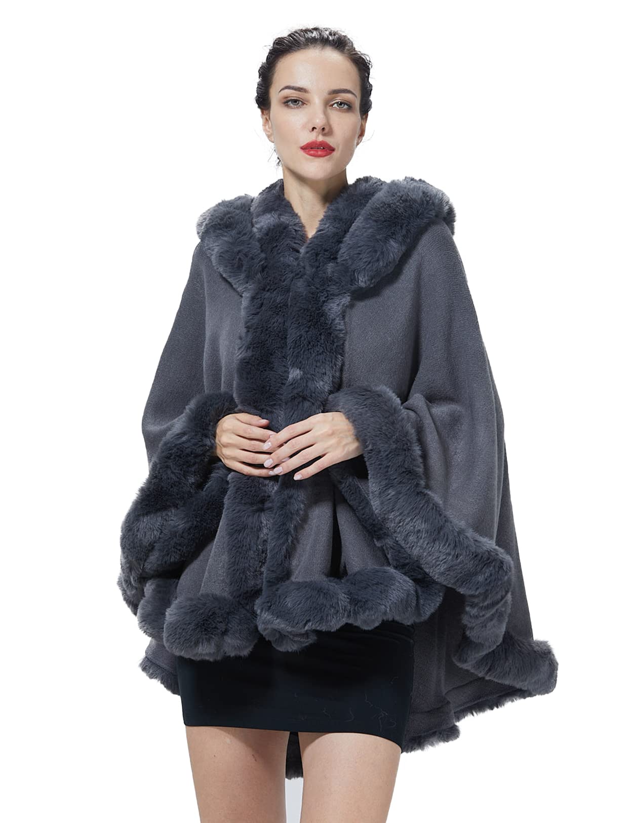 SUFCOMOU Poncho Hooded Shawl Wrap Women Cape Winter Faux Fur Trim Coat Sleeveless Cardigan Dressy Cloak for Party: One Size Grey