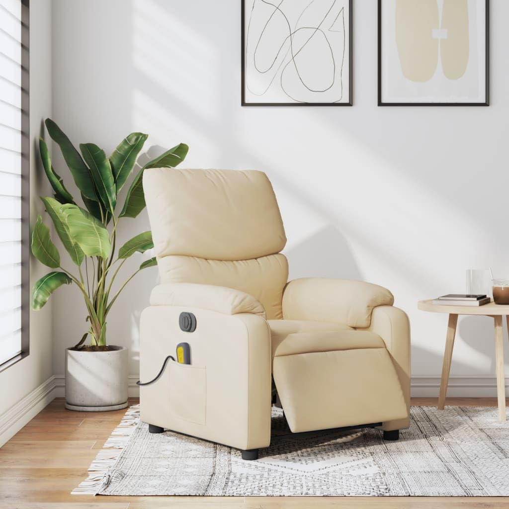 Massagesessel Elektrisch Creme Stoff mit 6-Punkt-Vibrationsmassage, Verstellbare Rückenlehne und Fußstütze, Polster Lounge Sessel mit Holz Metall Gestell