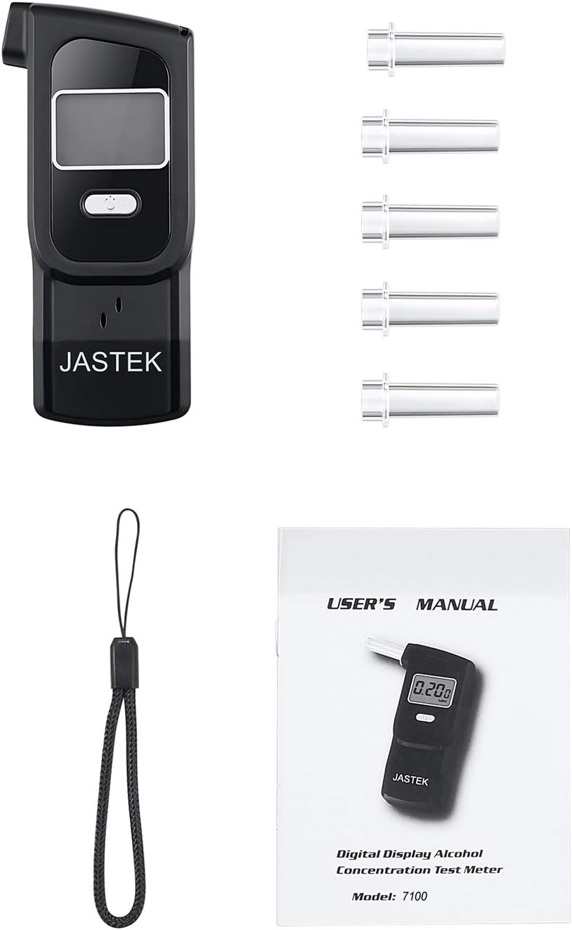 Contents of the JASTEK Breathalyzer package: device, mouthpieces, carrying string, and user manual.