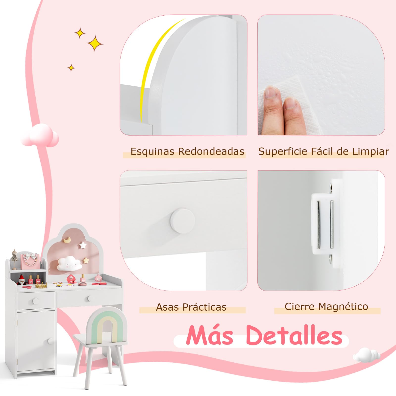 COSTWAY Tocador Niña, Tocador de Maquillaje Niña con Espejo en Forma de Nube, Estante Abierto, Cajones y Armario Cerrado, Patas de Madera, Juego de Mesa y Silla de Princesa para Niñas de 3-7 Años