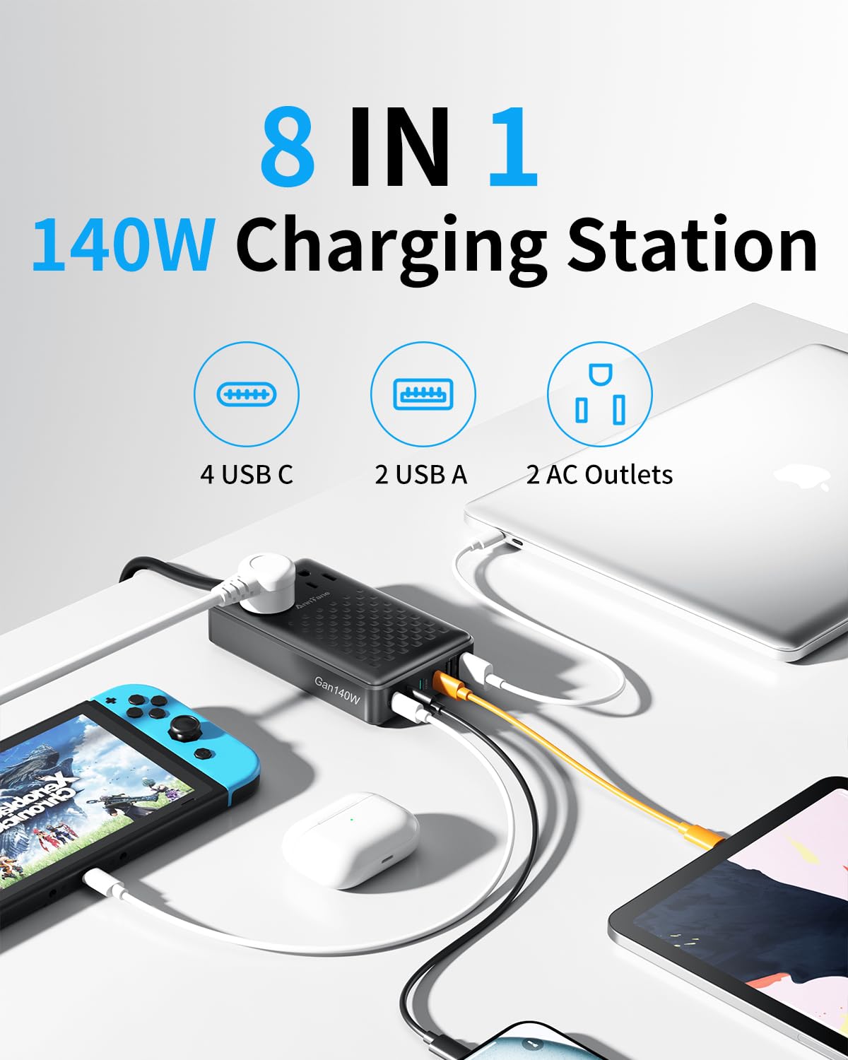 Estación de carga de 140 W USB C bloque de carga, GaN III actualizado 8 en 1 estación de carga rápida, adaptador de cargador PD de 100 W compatible con MacBook Air/Pro, iPhone 16/15, Galaxy S24, etc
