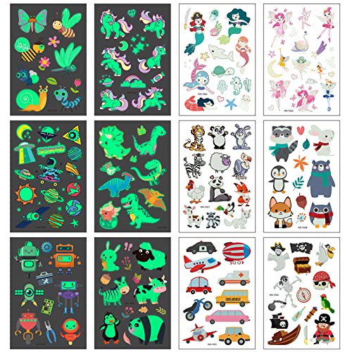 135ps Niños Tatuajes Temporales LANMOK Temas de Animales Tatuajes Temporales Luminoso Estilo de Dibujos Animados Mixto Dinosaurio Unicornio Sirena Animal para Niño Niña Fiesta Decoración