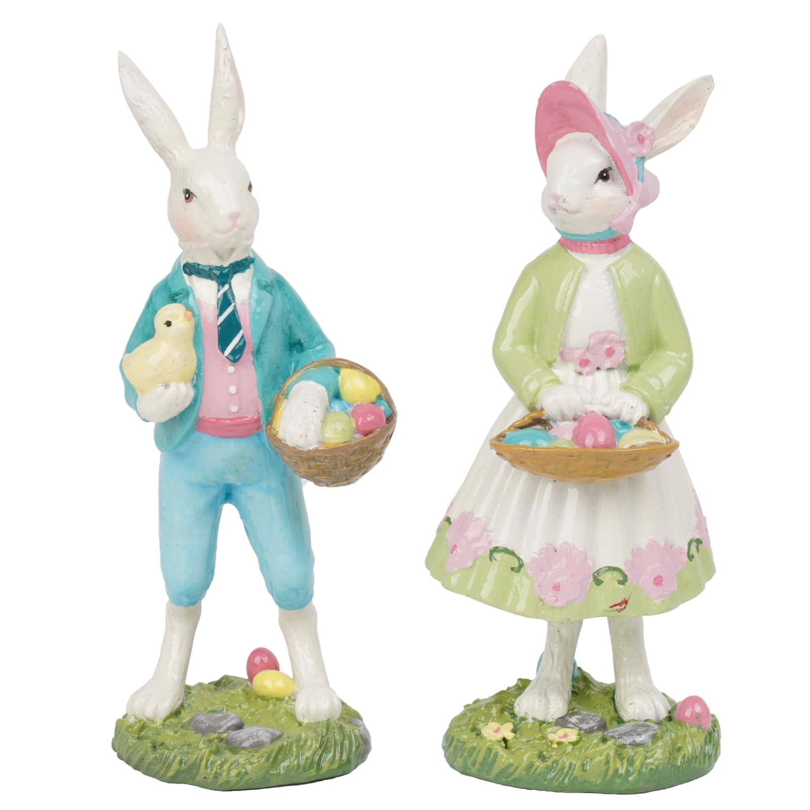 Photo 1 of Bunny-Décor Easter-Decorations for The Home - Resin Set of 2 Rabbit Statue Holding Easter Chick and Easter Basket Easter Party Décorations Spring Decorations for Home Mr. and Mrs. Rabbit2