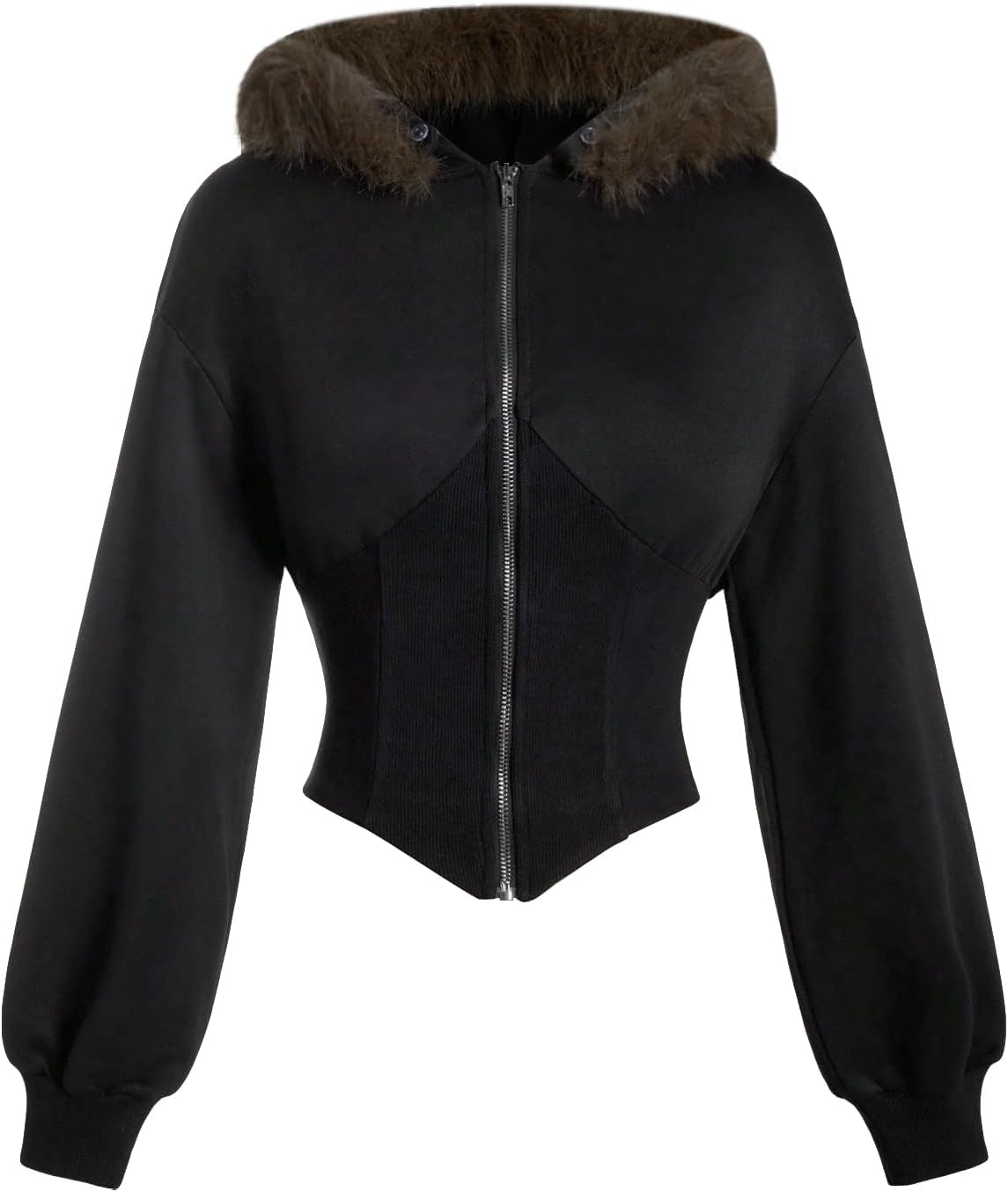 MakeMeChic Women's Cropped Zip Up Hoodie Faux Fur Coat Y2K Long Sleeve Furry Jacket Outerwear