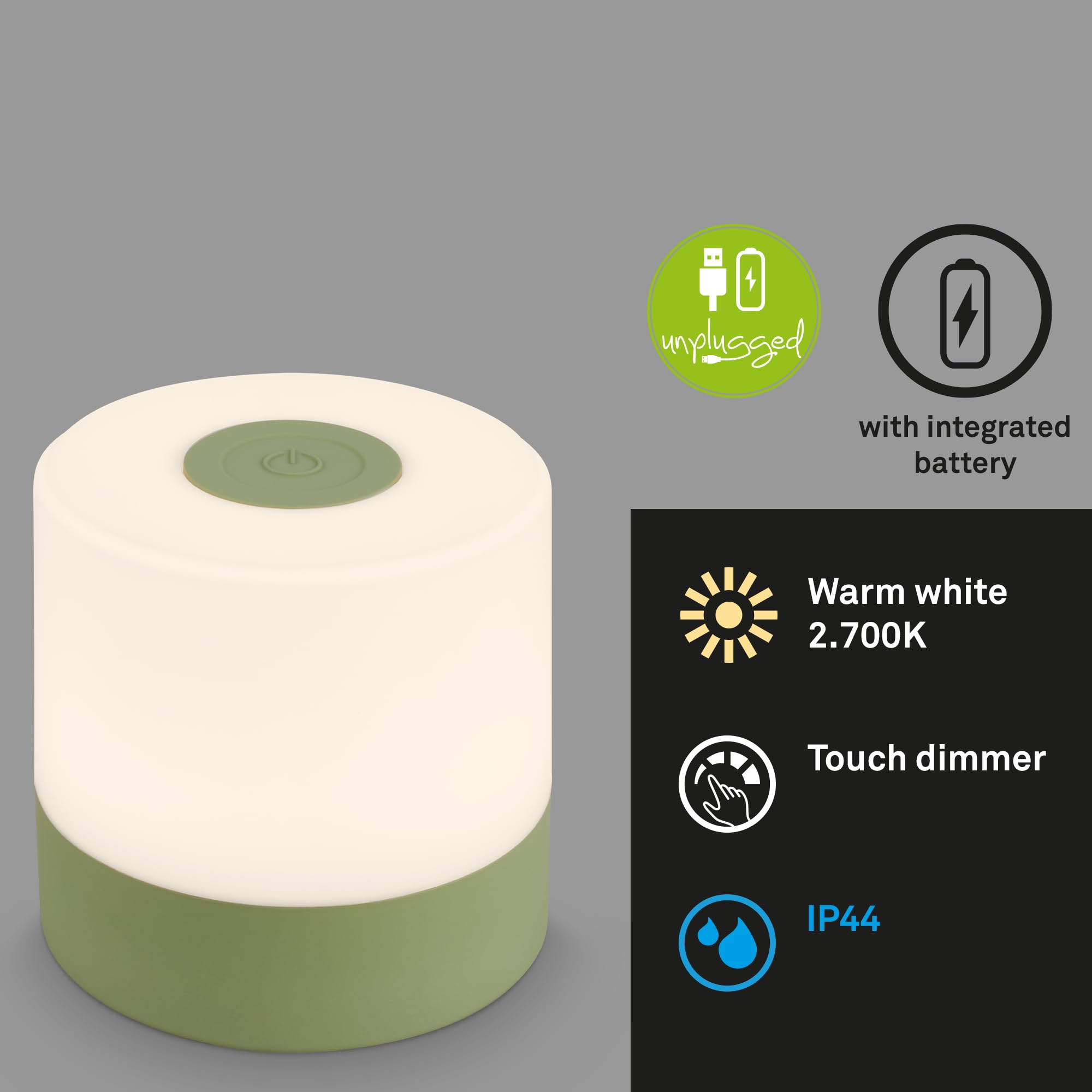 BRILONER – Mini lampka stołowa LED bezprzewodowa, Touch ściemniana, USB-C, do czytania, lampka nocna, zewnętrzna i wewnętrzna, 7x7 cm, zielona, lampka kempingowa – kompaktowa i praktyczna