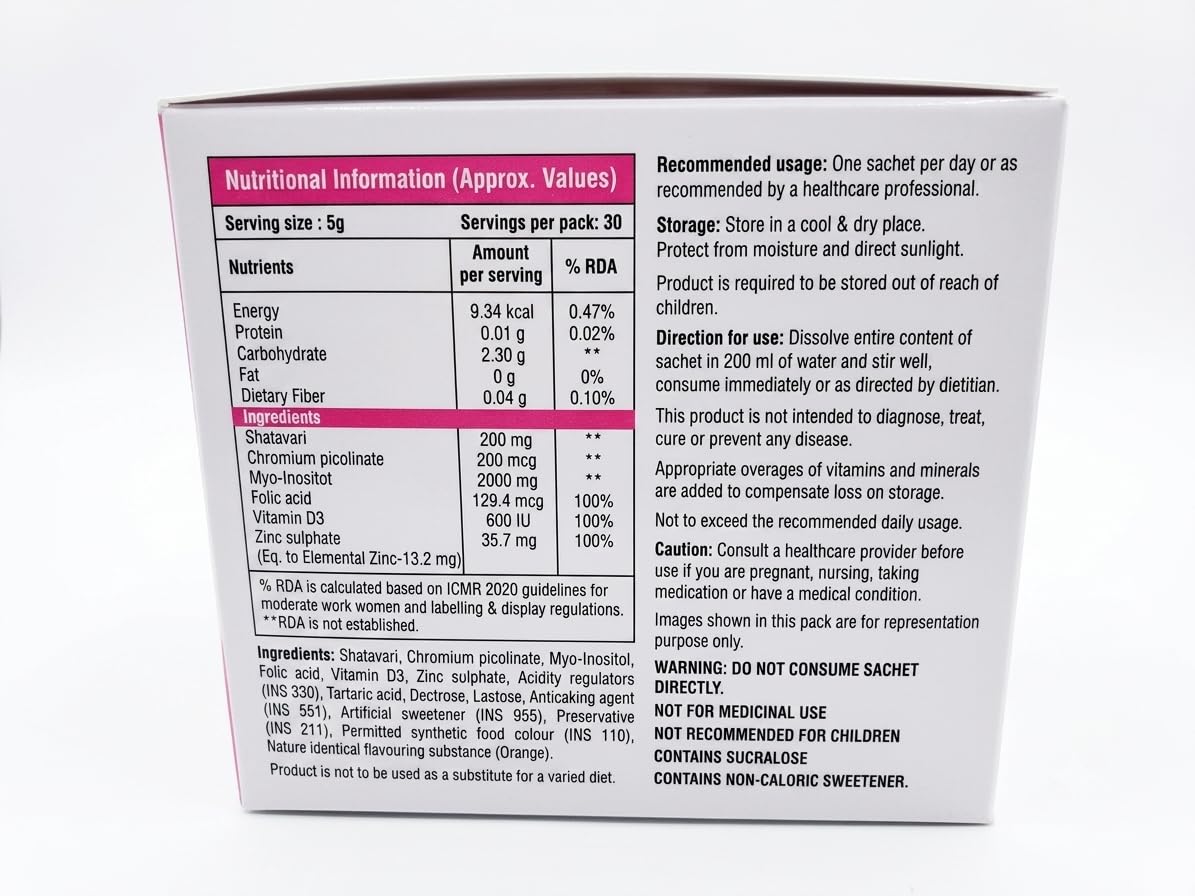 PCOS & PCOD Supplement with Myo-Inositol, Shatavari with Vitamin D3, Zinc & Folic Acid Sachets | Orange Flavour | 30 Sachets x 5g | Nutraceutical Supplement — Amazon image 4