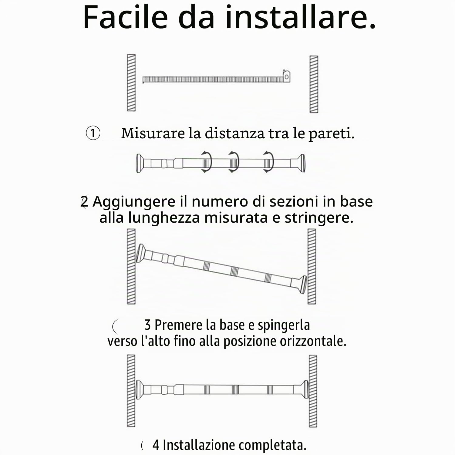 Bastone Tenda a Pressione Estensibile 48-200cm Senza Forare Asta Telescopica in Acciaio Inox Bastone Tenda Doccia Argento Antiscivolo & Mai Rustico per Finestra, Armadio, Porta