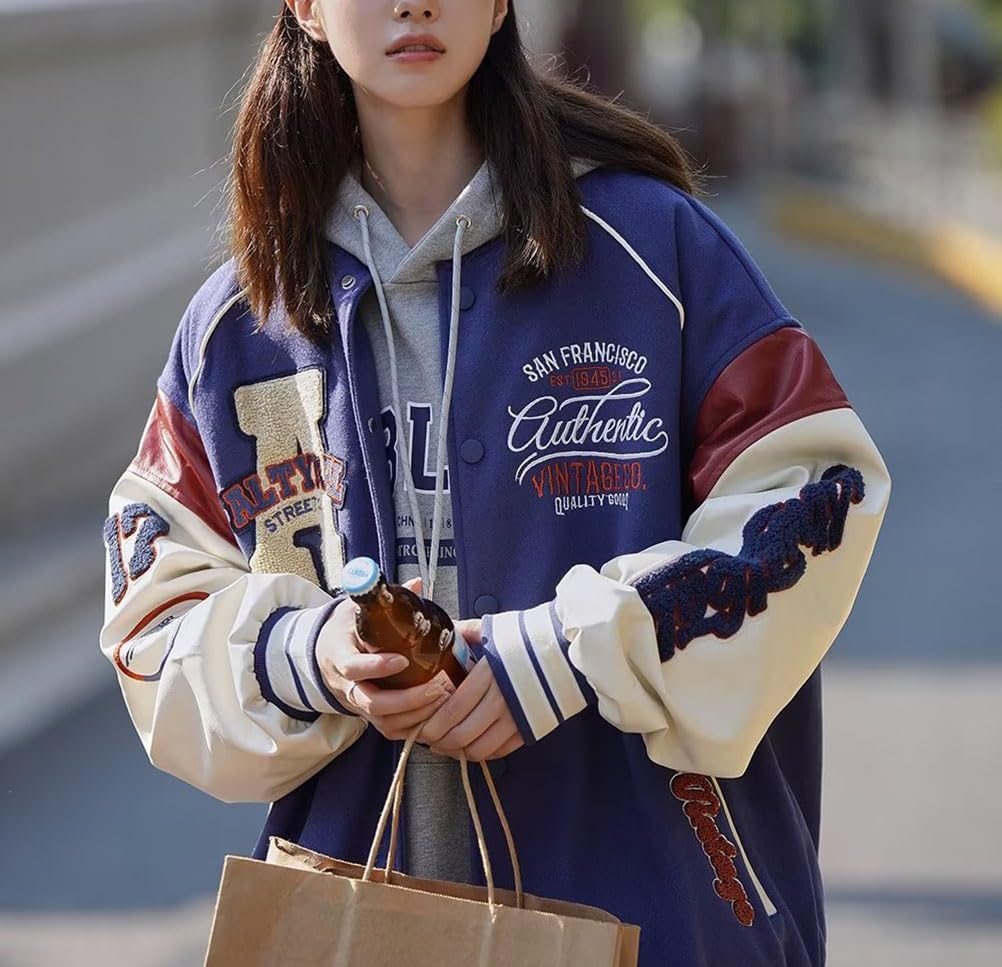 Veste De Baseball Unisexe Vintage Manteau Homme Femmes Y2K 90S College Jacket Veste Casual Blouson Oversized Bomber Veste De Survêtement Streetwear Pour Automne