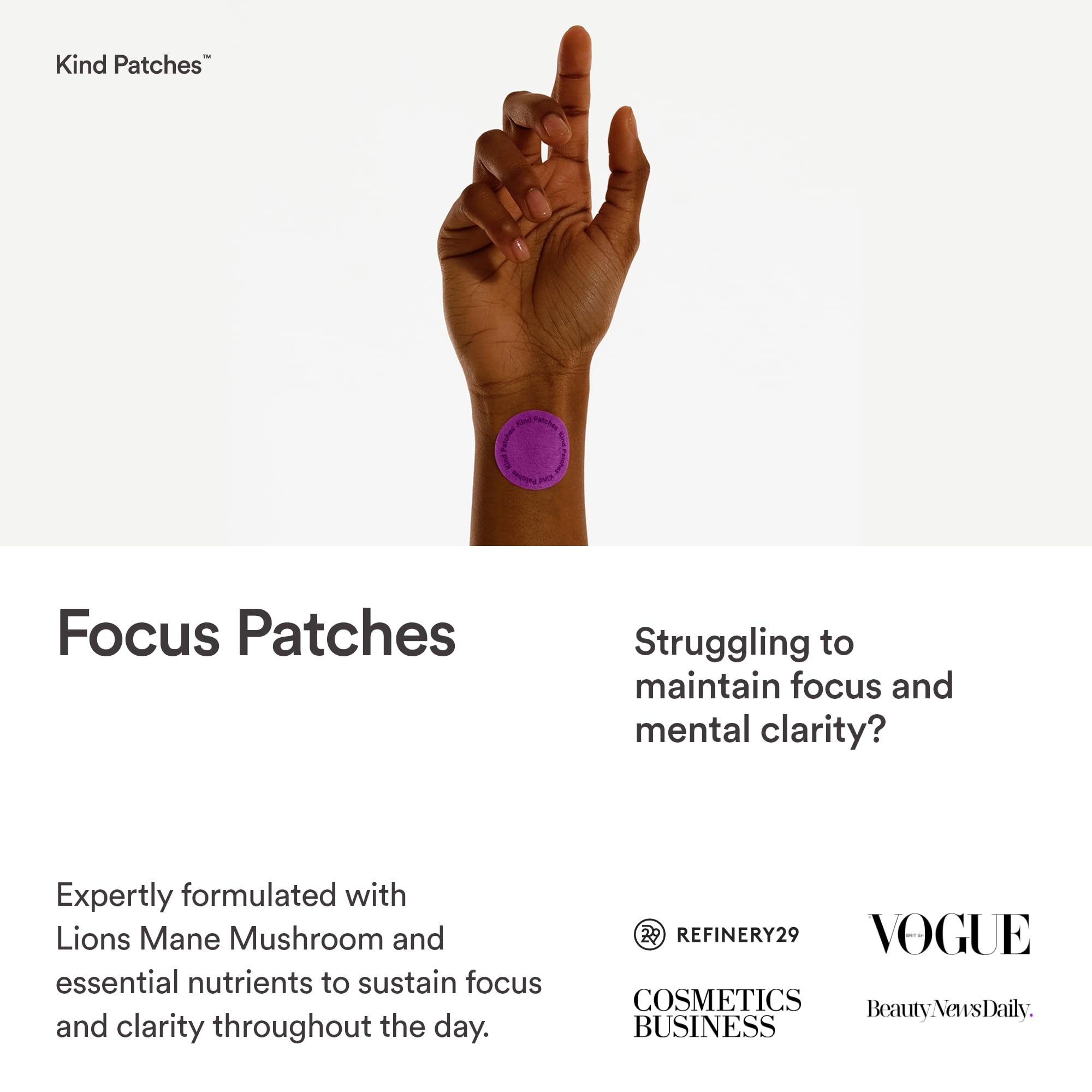 Kind Patches Focus Patches - Mental Clarity and Cognitive Performance - Enhance Productivity with Omega 3, Lion's Mane, L-Theanine, Ginseng - 30 Count — Amazon image 2