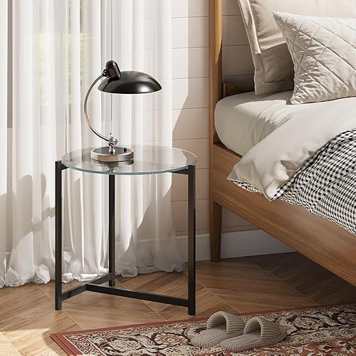 Miniatura 3 de Mesa auxiliar redonda de vidrio de 16 pulgadas, parte superior de vidrio transparente templado con marco de metal negro resistente, mesa auxiliar