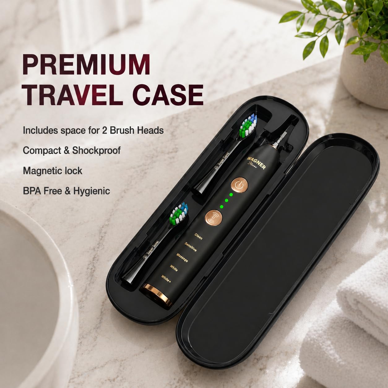 Wagner & Stern WHITEN+ Cepillo Eléctrico Inteligente con Sensor de Presión, 5 Modos, 3 Niveles de Intensidad, 8 Cerdas, Estuche de Viaje Premium. (Carbón)