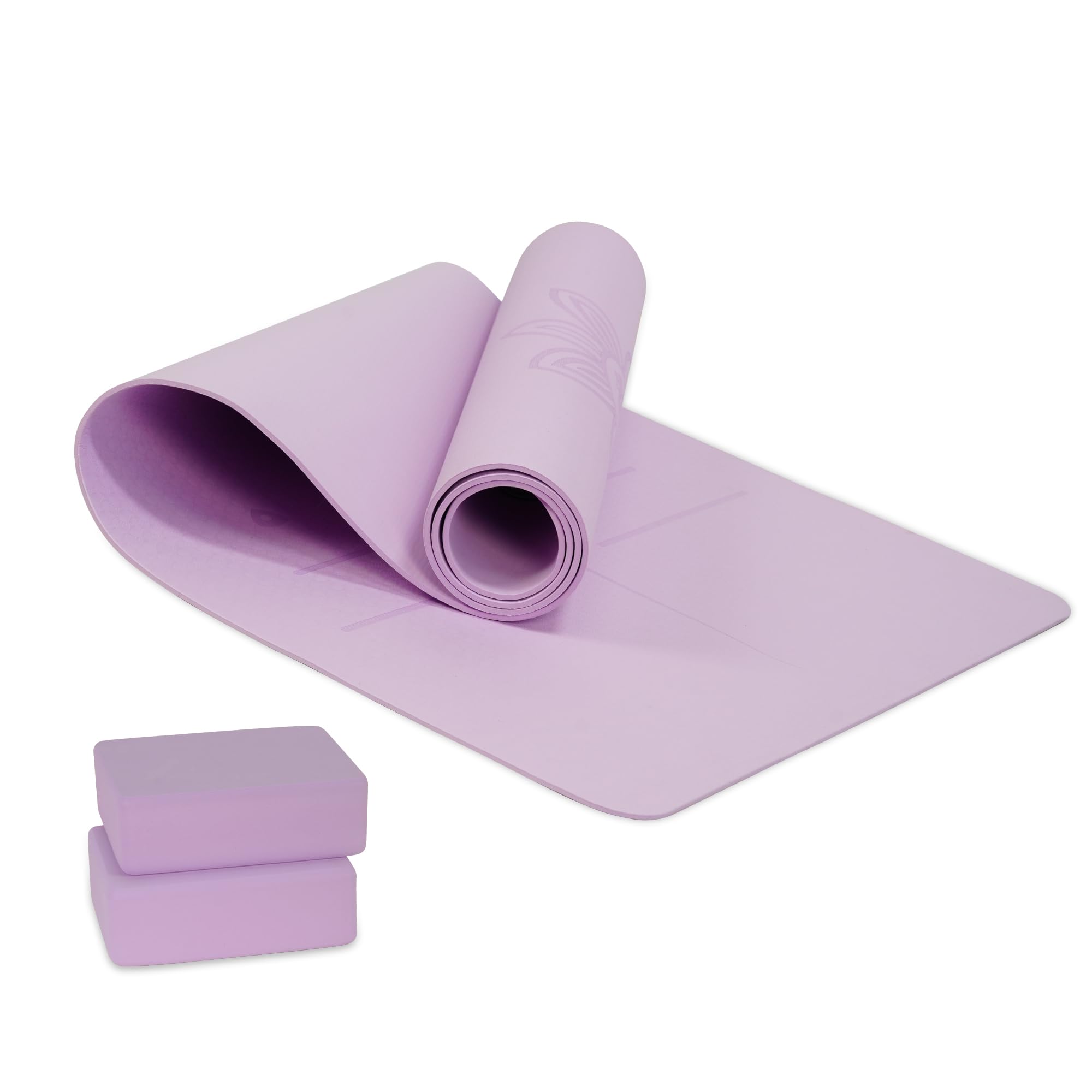 Kamria Non Slip Yoga Mat with 2 Yoga Blocks Set, Eco Friendly Lightweight Fitness Exercise Mat for Home Workout, Pilates & Floor Exercises, Light Purple