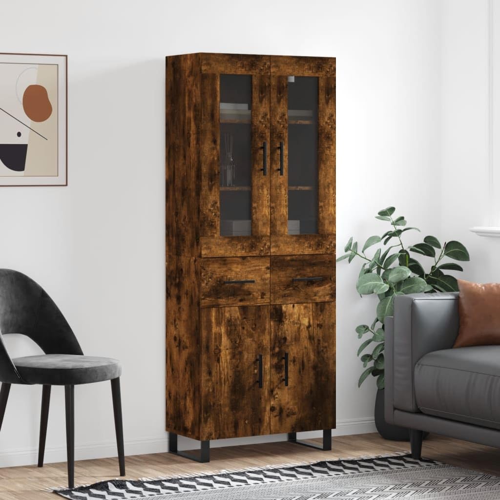 Homgoday Aparador Alto, Vitrina de Cristal, Vitrina Salón, Mueble de Salón, Aparador Comedor, Aparador Cocina, Estantería Oficina Madera contrachapada Roble Ahumado 69,5x34x180 cm