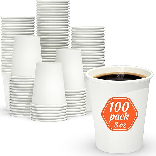 Dealusy 100 Count Coffee Cups 8 oz, Leak-Free Food Safe Paper Cups 8 oz, Hot Cups, Disposable Hot Coffee Cups 8oz