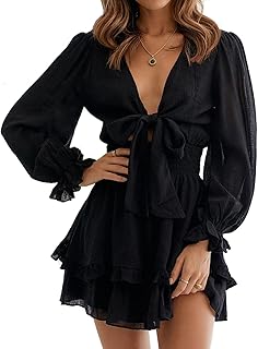 PHENHU Women's Dress Deep V-Neck Long Sleeve Knot Front Ruff