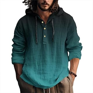 Camisa casual de manga larga para hombre, diseño de color degradado, mezcla de algodón y lino, vacaciones en la playa y estética hippie, detalle de capucha para mayor versatilidad