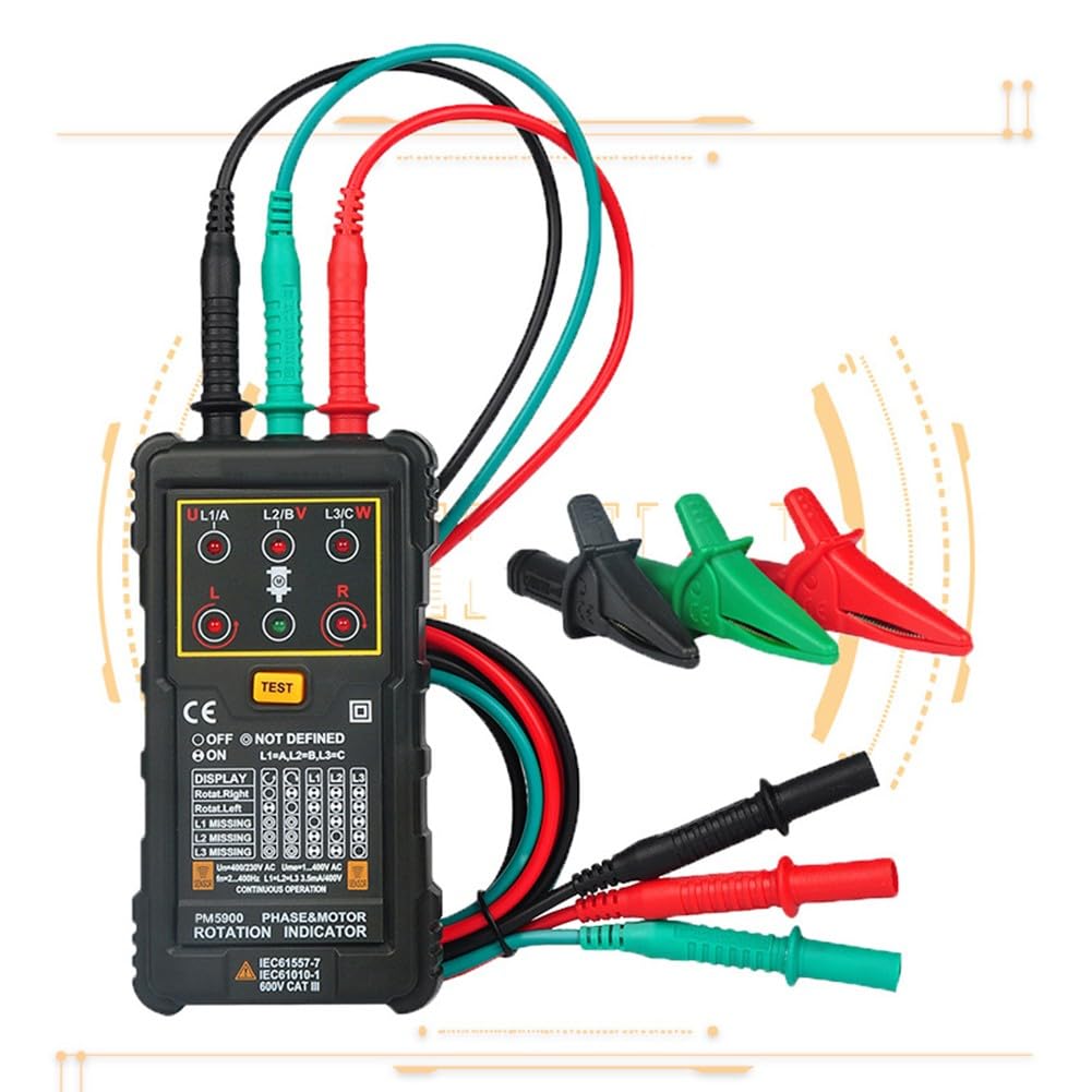 Wskaźnik obrotu fazy silnika PM5900 do systemów trójfazowych, zakres napięcia 120 V-400 V, bezdotykowe wykrywanie obrotów silnika, wizualne wskazanie kierunku R/L, dla bezpieczeństwa CE CAT