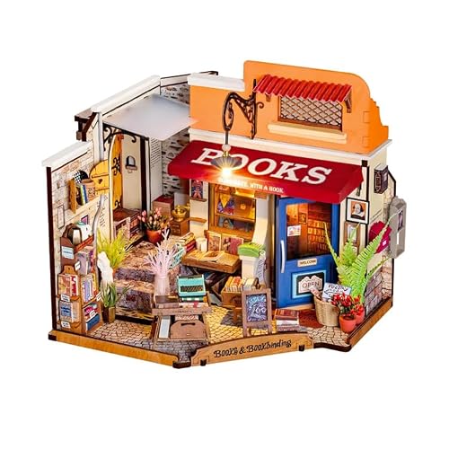 ROBOTIME Miniature House Kit DIY Mini Dollhouse Corner Bookstore Tiny Store Making Kit with LED Wooden Craft Diorama Kit Decorative Hobby Unique Gift
