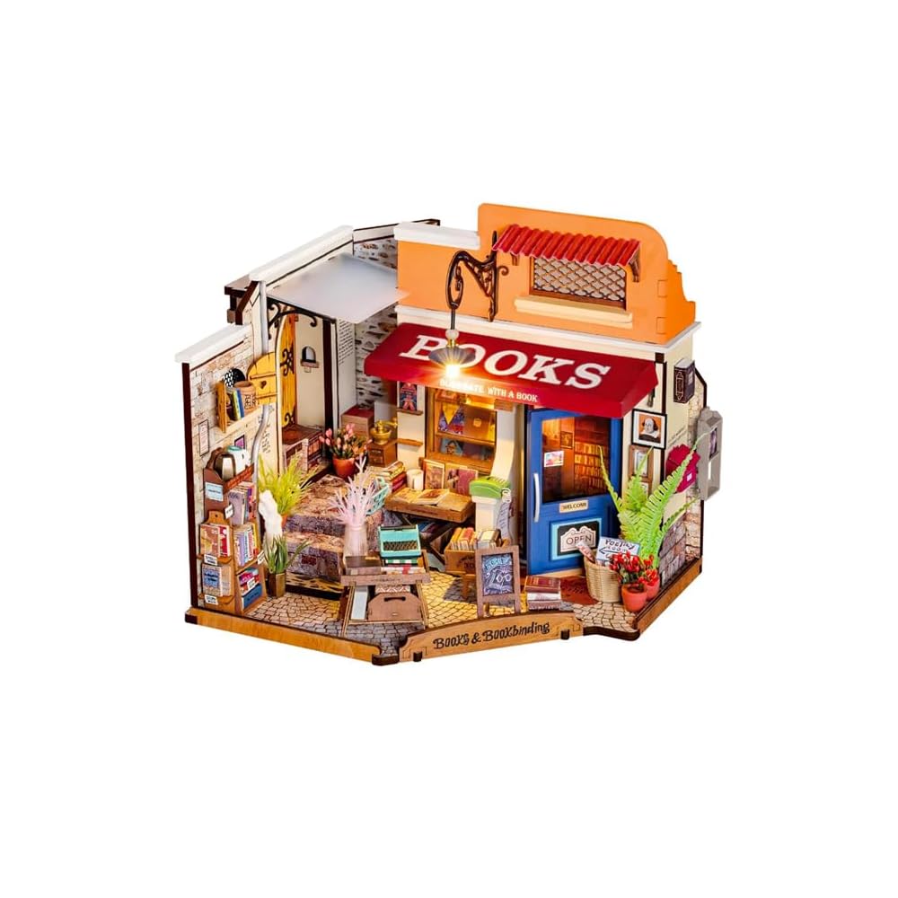 ROBOTIME DIY Miniature House Kit Mini Corner Bookstore Tiny House Making Kit with LED Wooden Craft Diorama Kit Decorative Hobby Unique Gift