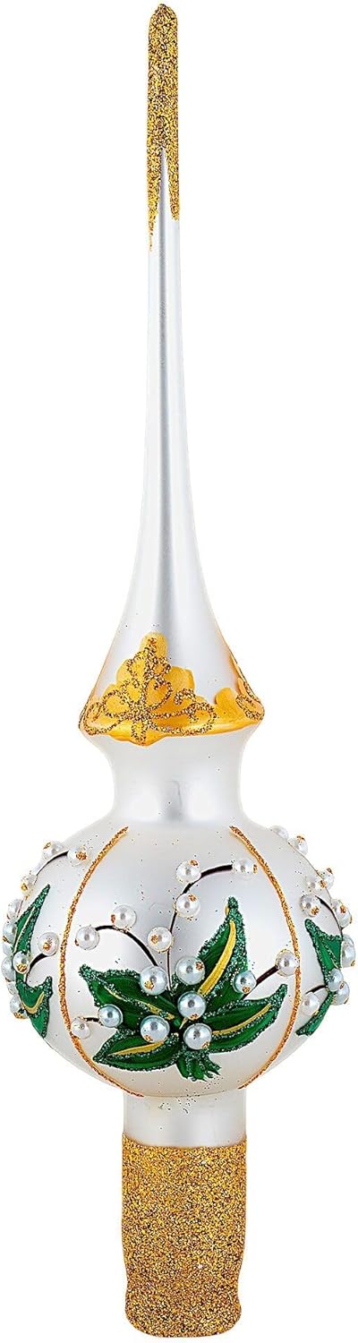 Snowy Branch Glass Christmas Tree Toper 11" Glass, Hand-Painted Christmas Decoration, Christmas Tree Top for Holiday and Party Decoration, Holiday Decor (Gold)