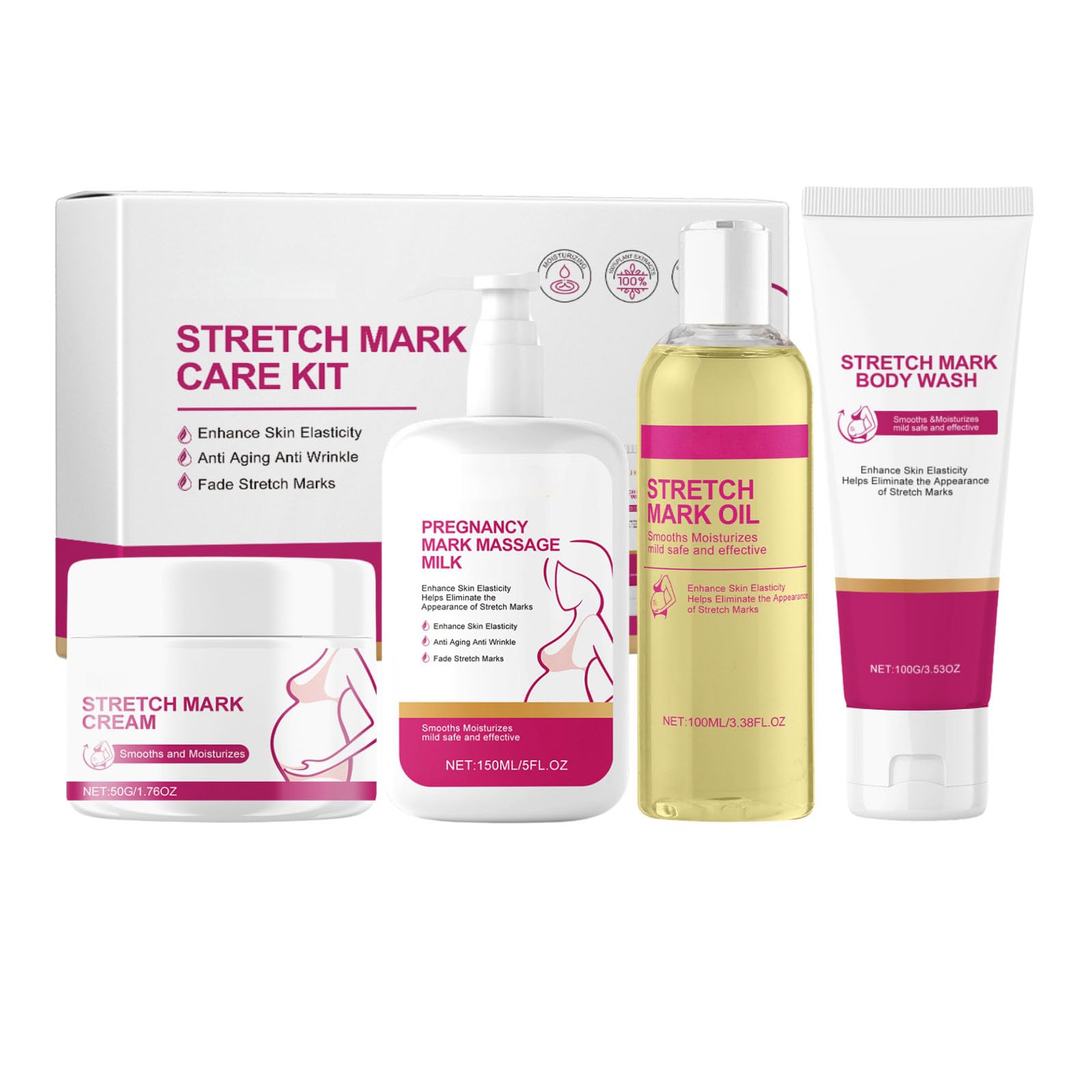 Stretch Marks Removal - Postpartum Essentials - Pregnancy Must Haves - Stretch Mark Cream，Massage Milk,Oil,Body Wash - Skin Care Kit, Mother's Day Gifts for Mom, Anti Wrinkle,Enhance Skin Elasticity