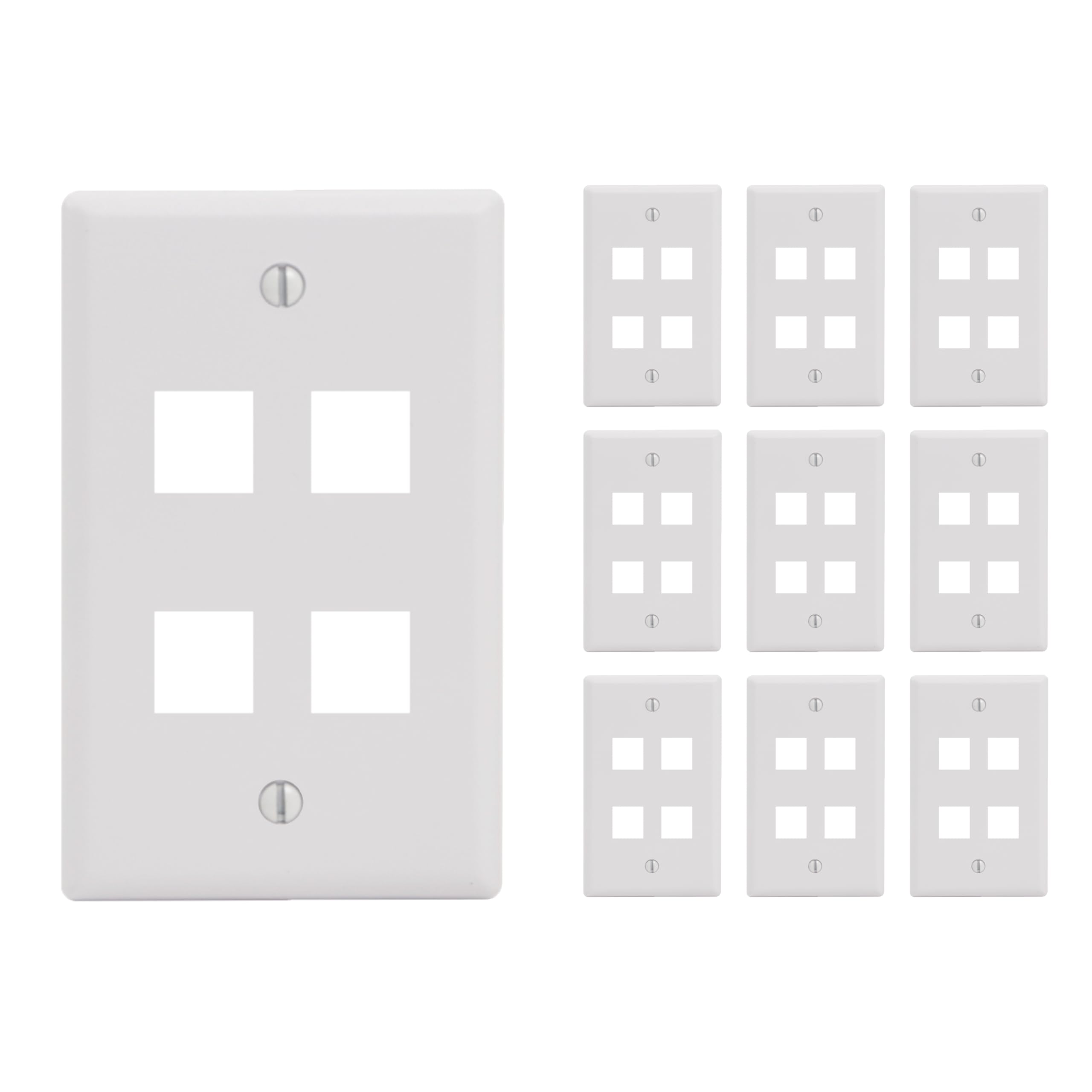 ICC 4-Port Keystone Wall Plate (10 Pack), UL Listed, Durable ABS Plastic, Single Gang Wall Plate for RJ45 Modular Jack and Inserts, White