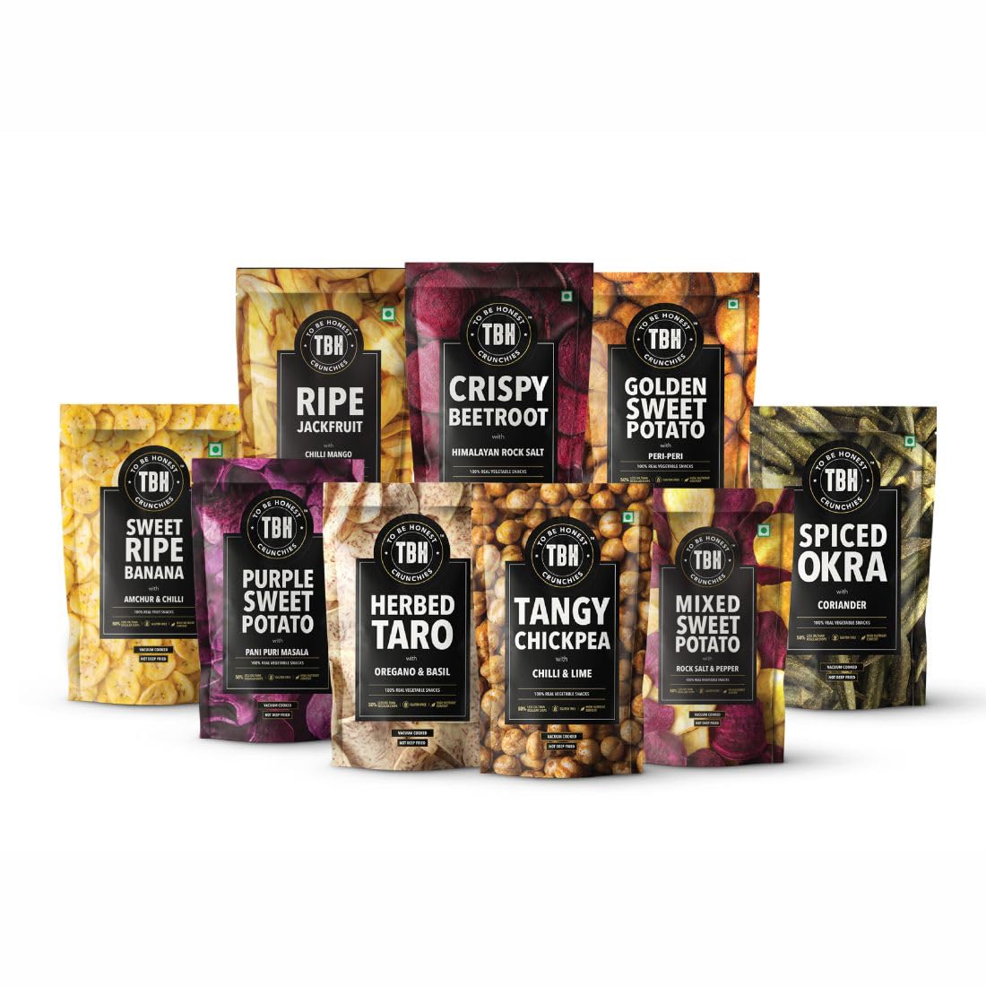 TBH - To Be Honest Assorted Vegetable & Fruit Chips | Gluten Free | Vegan Friendly Snack | Low Fat | 50% Less Oil | No Preservatives - Pack of 8 (510 gm)