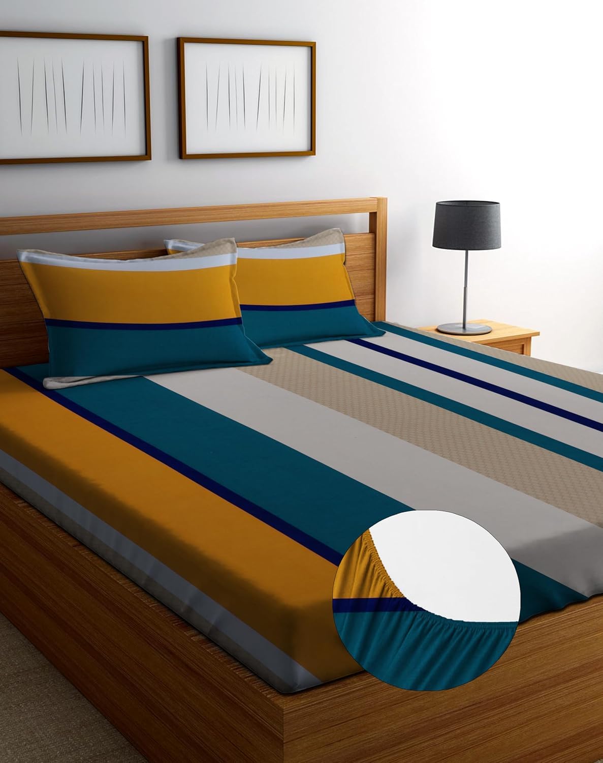 Glace Cotton King Size All Around Elastic Fitted Double Bedsheet 72'' x 78'' Inchi with 2 Pillow Covers (Gucchi Yellow)-image-35