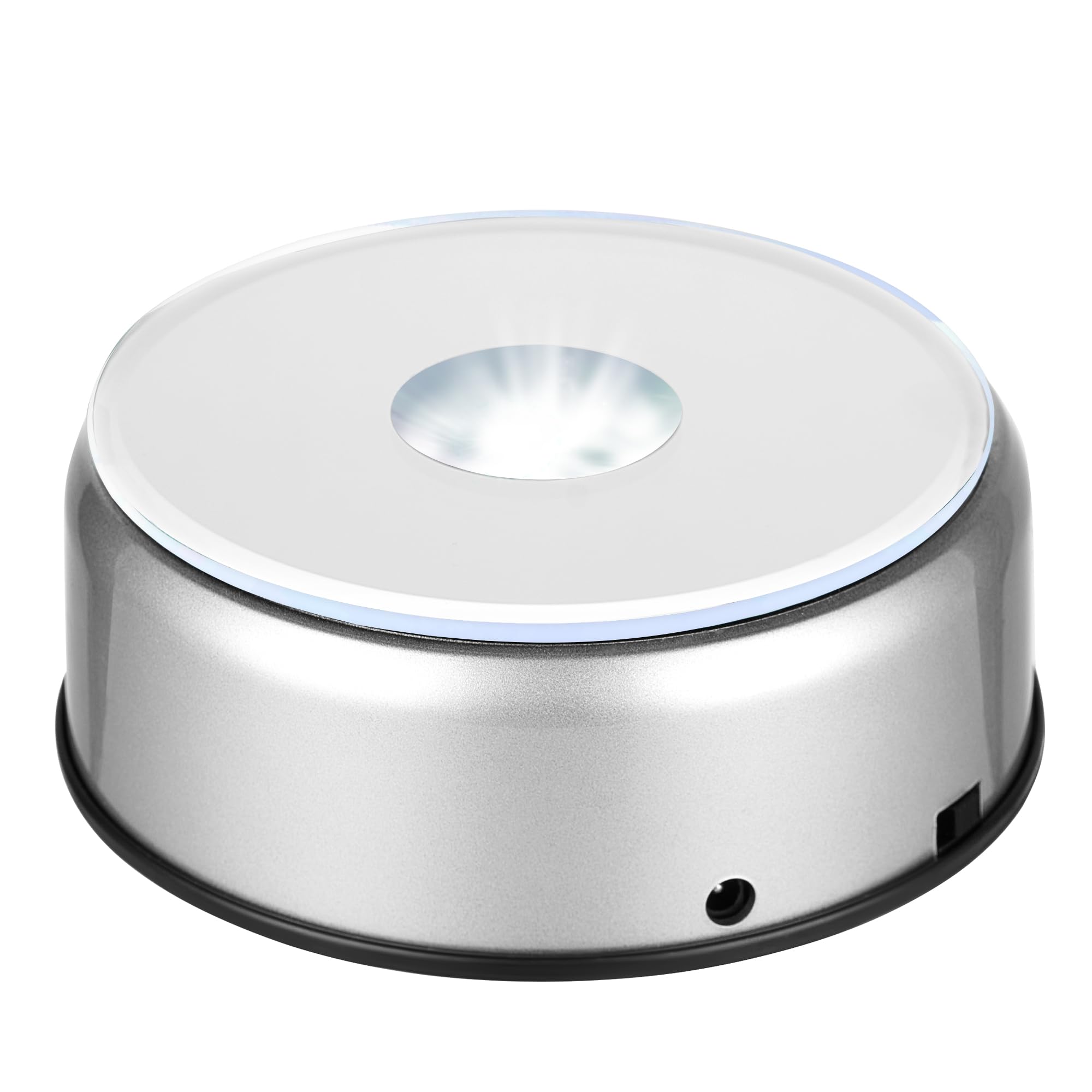 EUSTUMA Rotating LED Display Base Colorful Light Crystal Display Base Stand,Lighted Up Stand Color Changing Small LED for 3D Glass Crystal Art,Holiday Party Decoration. (A-Silver-White Light)