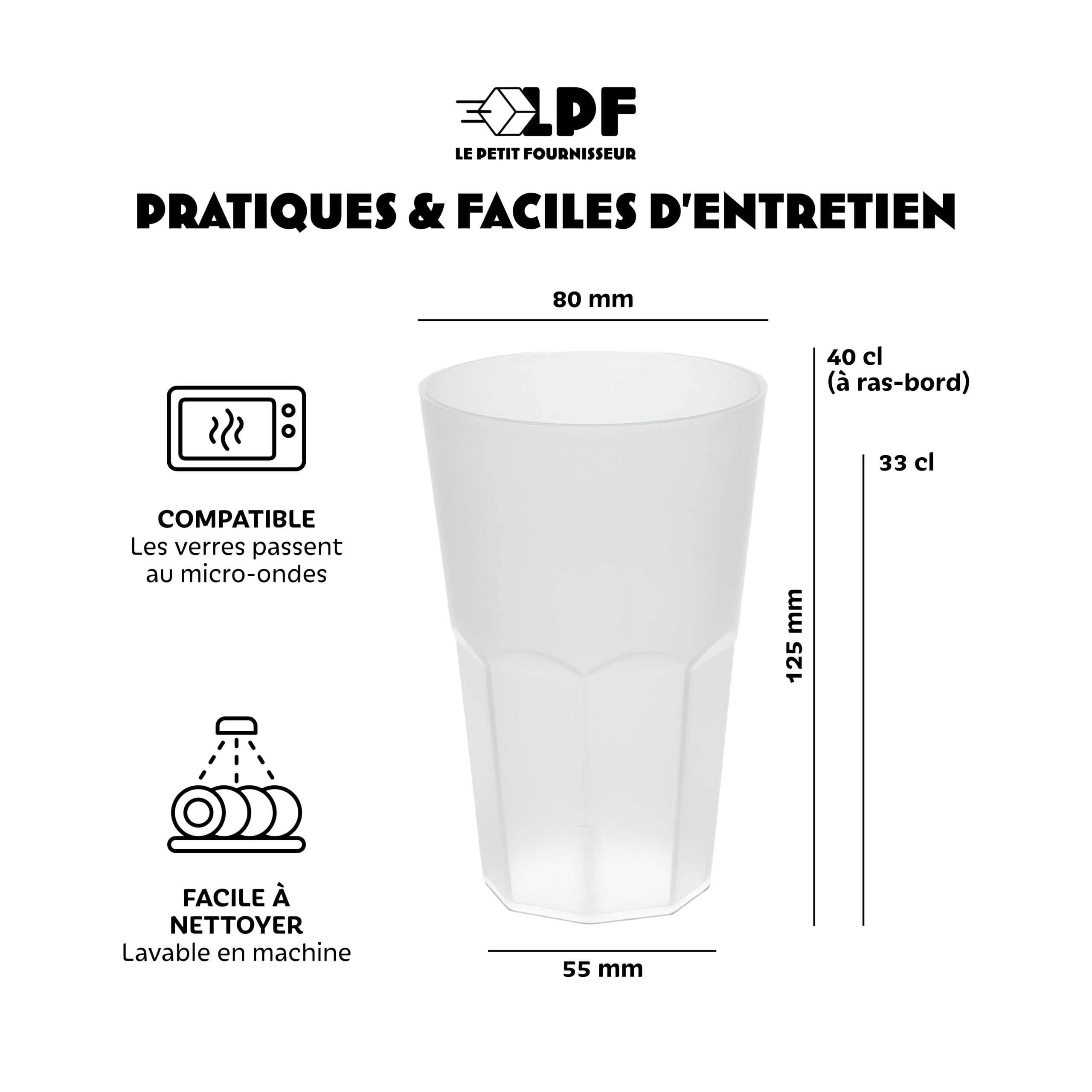 LPF LE PETIT FOURNISSEUR - Lot de 50 Gobelets à cocktail réutilisables Granity 33cl (40cl à ras-bord) - Polypropylène plastique alimentaire rigide - Verre à eau, bière, long drink - Couleur givrée