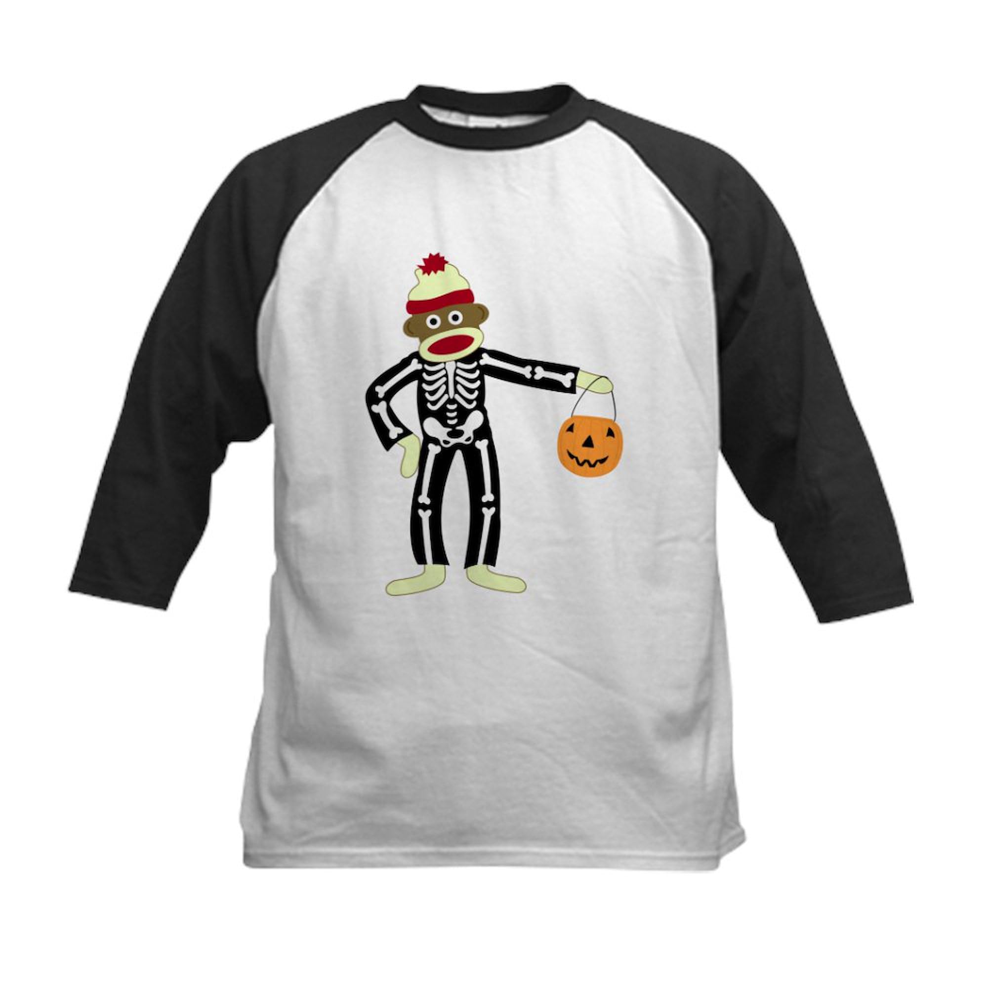 CafePress Sock Monkey Halloween Skeleton Kids Jersey Shirt Kids Cotton Baseball Jersey, 3/4 Raglan Sleeve Shirt Black/White