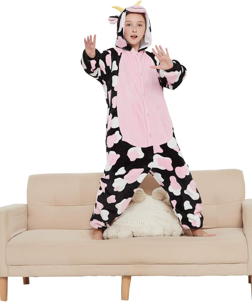 Cow Onesie Kids Animal Costume Girls Pajamas One Piece Cosplay Halloween Christmas Plush Sleepwear