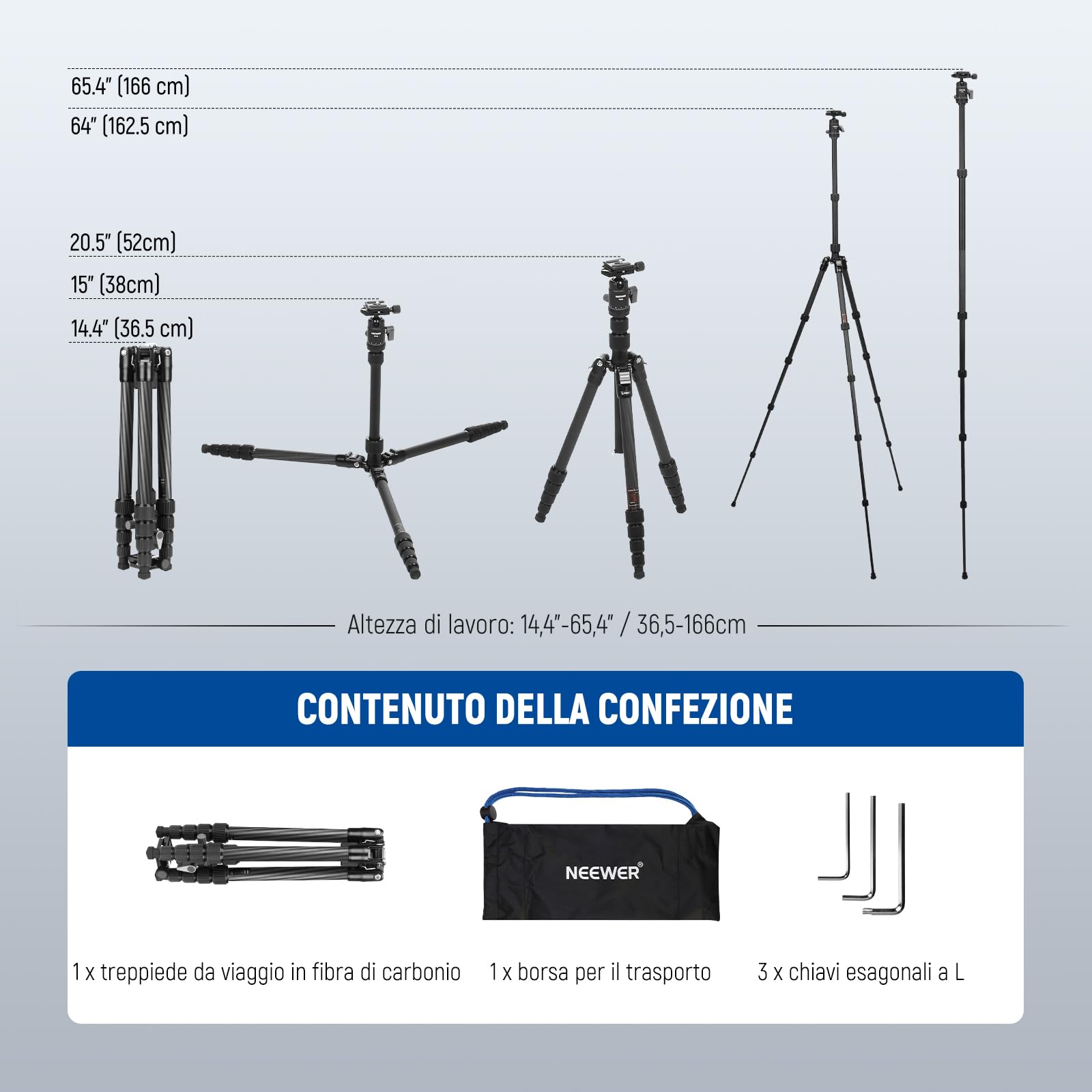 NEEWER Monopiede Treppiede Fotocamera in Fibra Carbonio, 65" DSLR Video Tripod da Viaggio Leggero, Testa Sfera a 360°, Piastra QR Antiscivolo, Asse Centrale Invertito, Gambe Reversibili, Max 6kg,TP39