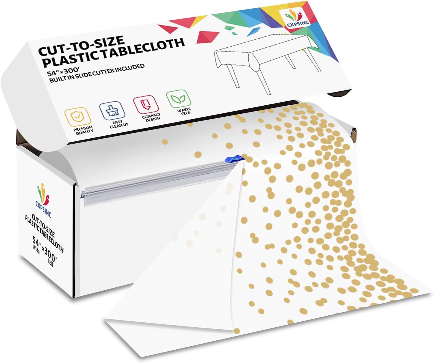 54 Inch X 300 Feet Plastic Table Cover Roll Disposable Tablecloth with Slide Cutter for All Type/Shape Tables | Picnic, Party, Banquet, Birthdays, Weddings (White & Gold Dot, 300 Feet) 300 Feet White & Gold Dot