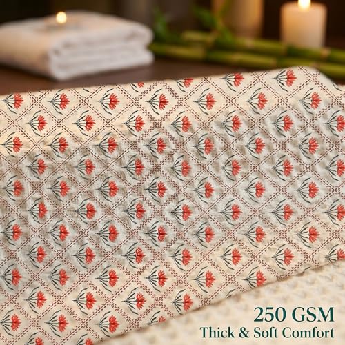 Image of Mafatlal Madhuban Lightweight Cotton Set (1 Bath 147x76 cm + 2 Hand 76x38 cm) | 250 GSM | Floral Hand Print, Quick Dry | Koi White Color