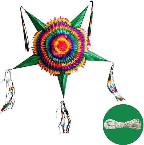 Piñata extra grande del Cinco de Mayo, piñata de estrella mexicana multicolor arcoíris con 5 conos verdes y cuerda de 30 pies incluida, soporta