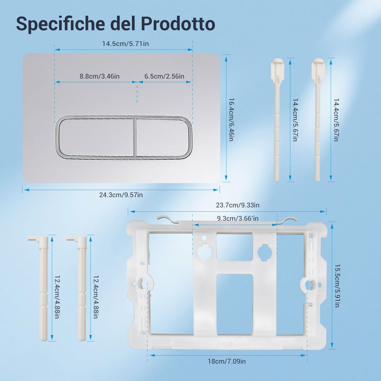 Mendorio Placca di Comando WC, Compatibile con Geberit Sigma, UP300 e UP320, Piastra Doppio Scarico, Dimensioni 243×163 mm, Completa di Set di Leve di Scarico e Telaio di Montaggio(Argento).