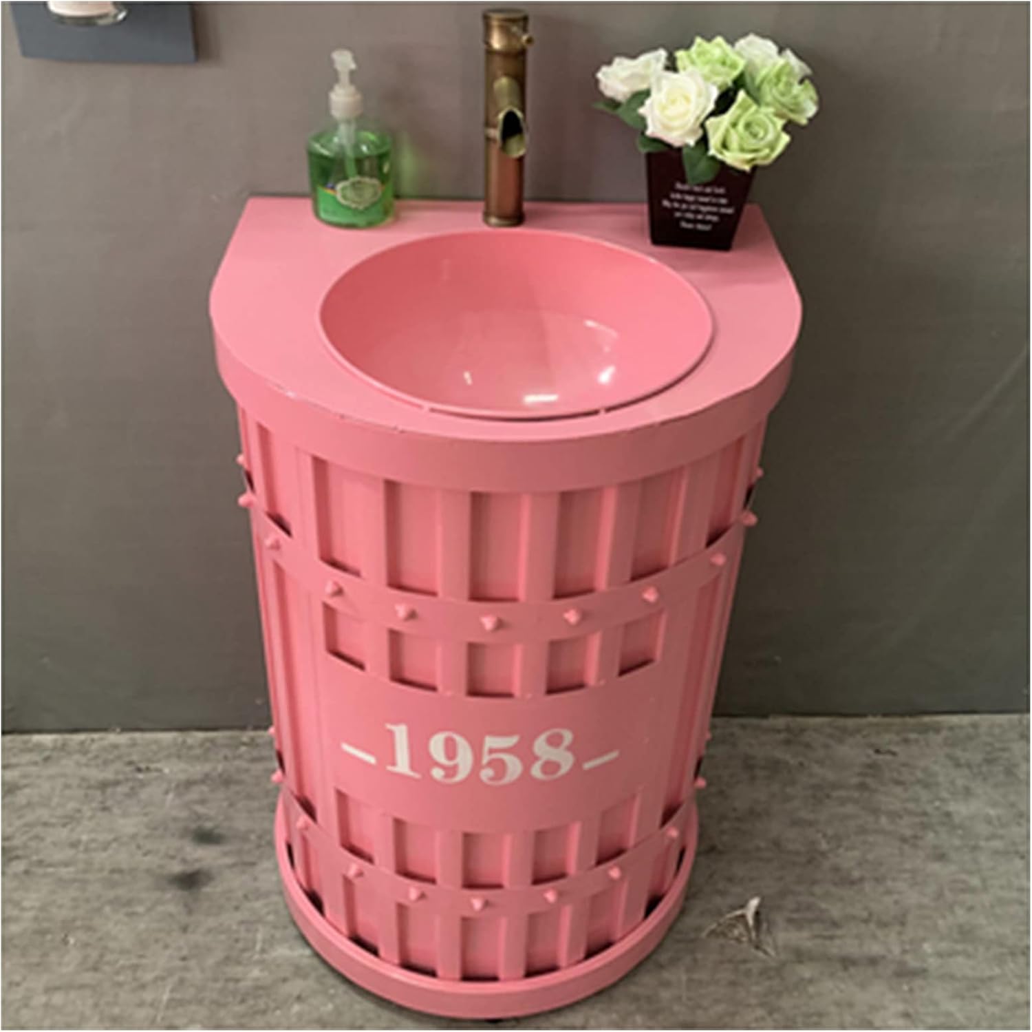Free Standing Vanity Basin Bathroom Unit & Sink Floorstanding Gloss Full Pedestal Cabinet Under Unit, 22.4 x 18.5 34.2in,Pink,with Mirror (Pink Without Mirror)
