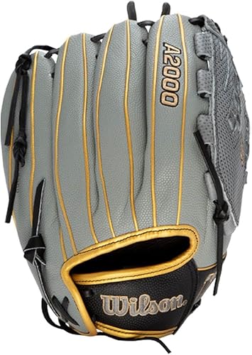 Miniatura 33 de Wilson 2024 A2000 SuperSkin Spin Control SCV125SS Guante de sóftbol de lanzamiento rápido de 12.5 pulgadas Blanco/Gris/Rubio