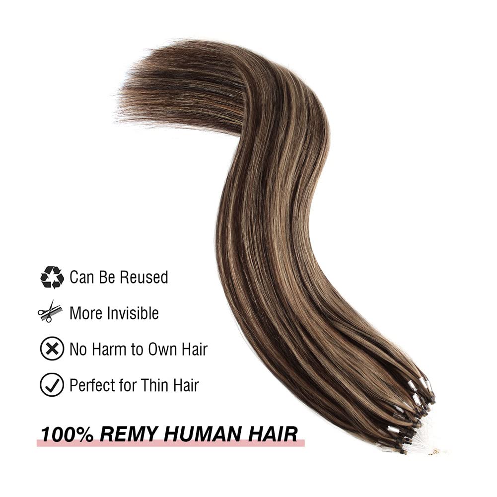 ABH AmazingBeauty Hair Micro Loop Human Hair Extensions 50g 50strands Micro Links Ring Hair Extensions Chocolate Brown with Caramel Blonde Highlights Straight Micro Ring Hair Extensions 14 Inch - Image 4