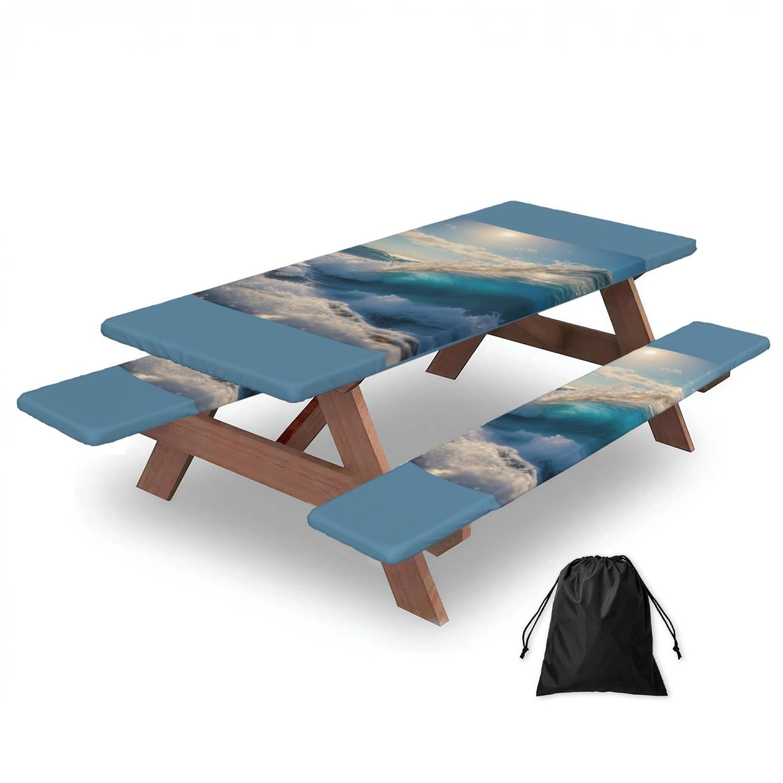 PPHGUT Ocean Sea Wave Print Picnic Table Bench Cover Set Outdoor Garden Bbq Protector For Family Camping