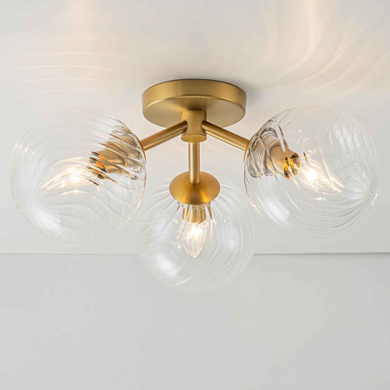 Gold Semi Flush Mount Ceiling Light Fixture 3 Light Clear Swirl Globe Mid Century Modern Light Fixtures for Bedroom,Entryway,Hallway,Living Room,Kithcen,Dining Room Gold and Clear