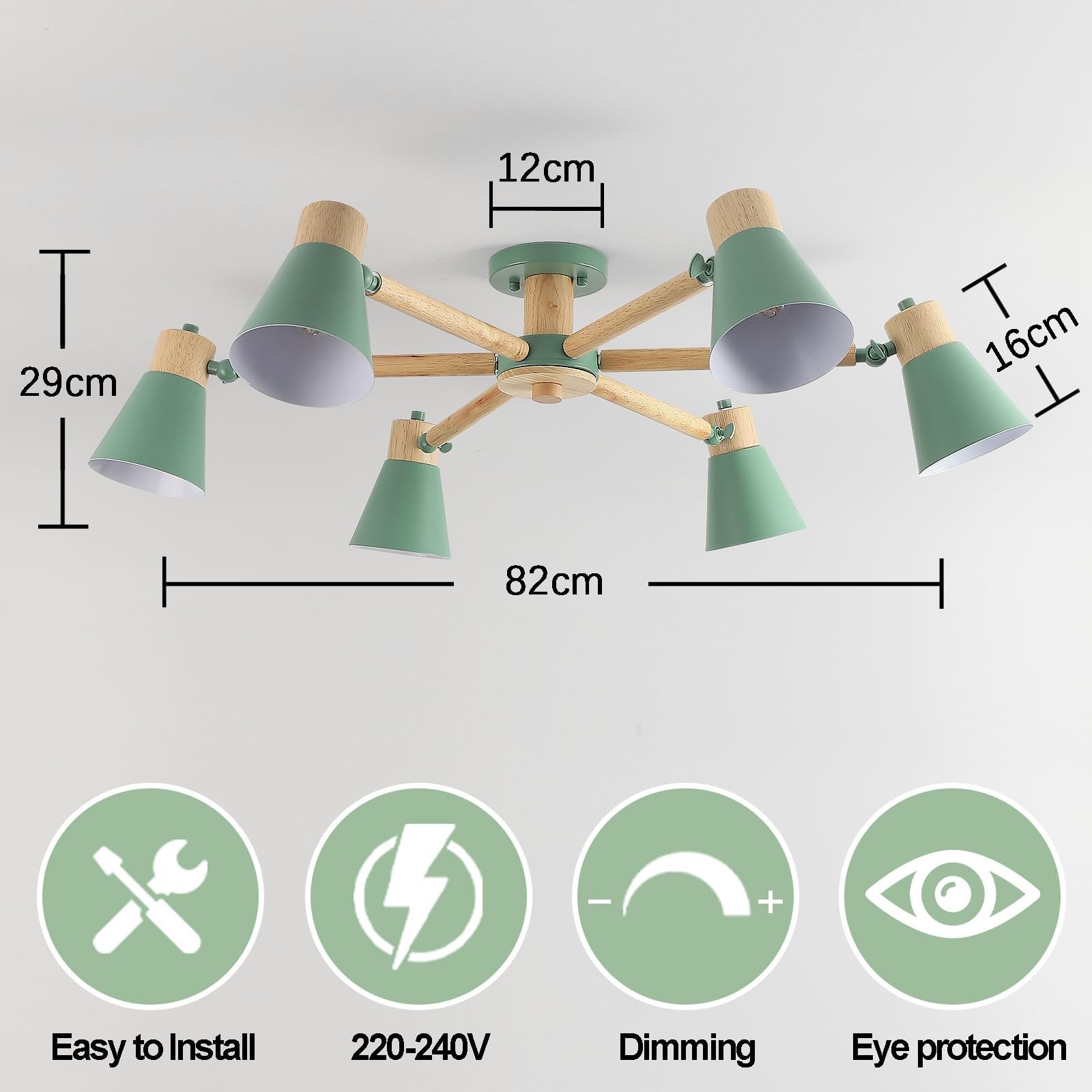Verde Lampadario Camera Da Letto 6 Luci,Legno E Ferro Lampadario Soggiorno A Bracci Luminosi Regolabili lampadari E27 Ø82Cm Moderno Lampadario Cucina Per Letto Casa Camera Salotto