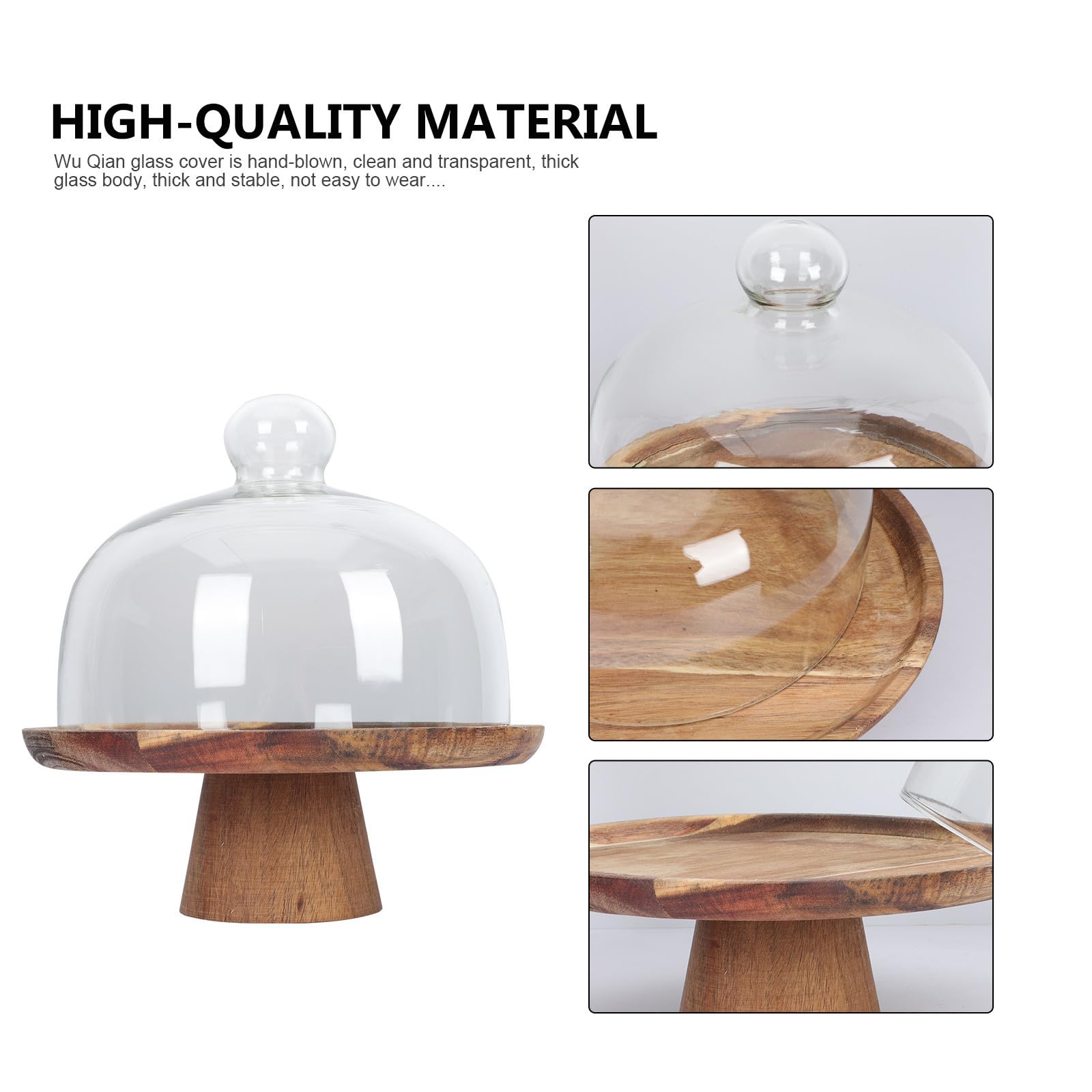 VICASKY Bandeja para Tartas Pequeña de Madera de Acacia con Soporte Alto y Tapa de Cristal, Bandeja para Servir Postres y Frutas, Expositor Adecuado para Fiestas y Eventos