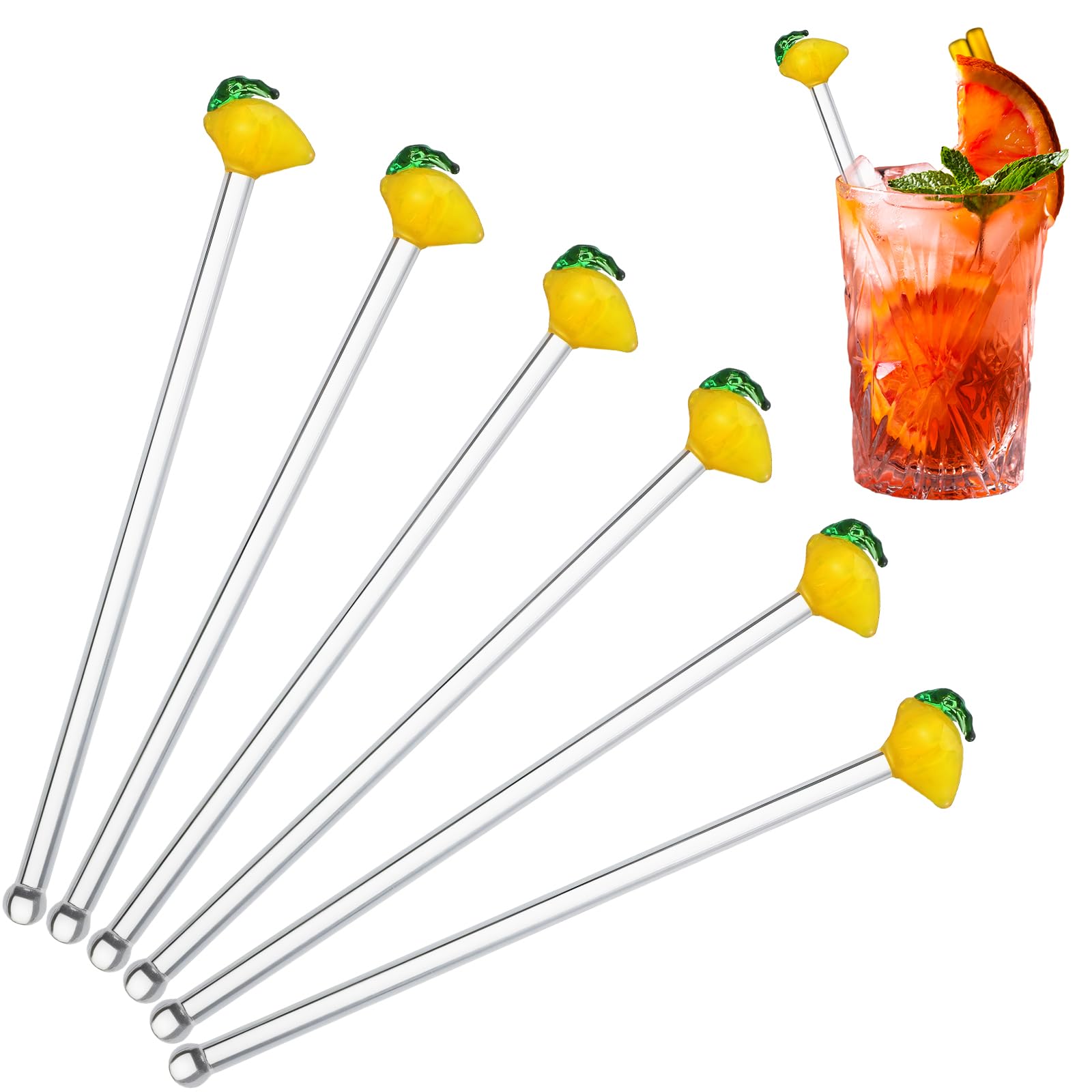 SiliFine 6 Pcs Lemon Glass Swizzle Sticks - 8'' Glass Drink Stirrers Cocktail Stirring Rod Reusable for Coffee, Tea, Juice Beverage, Cake Pops