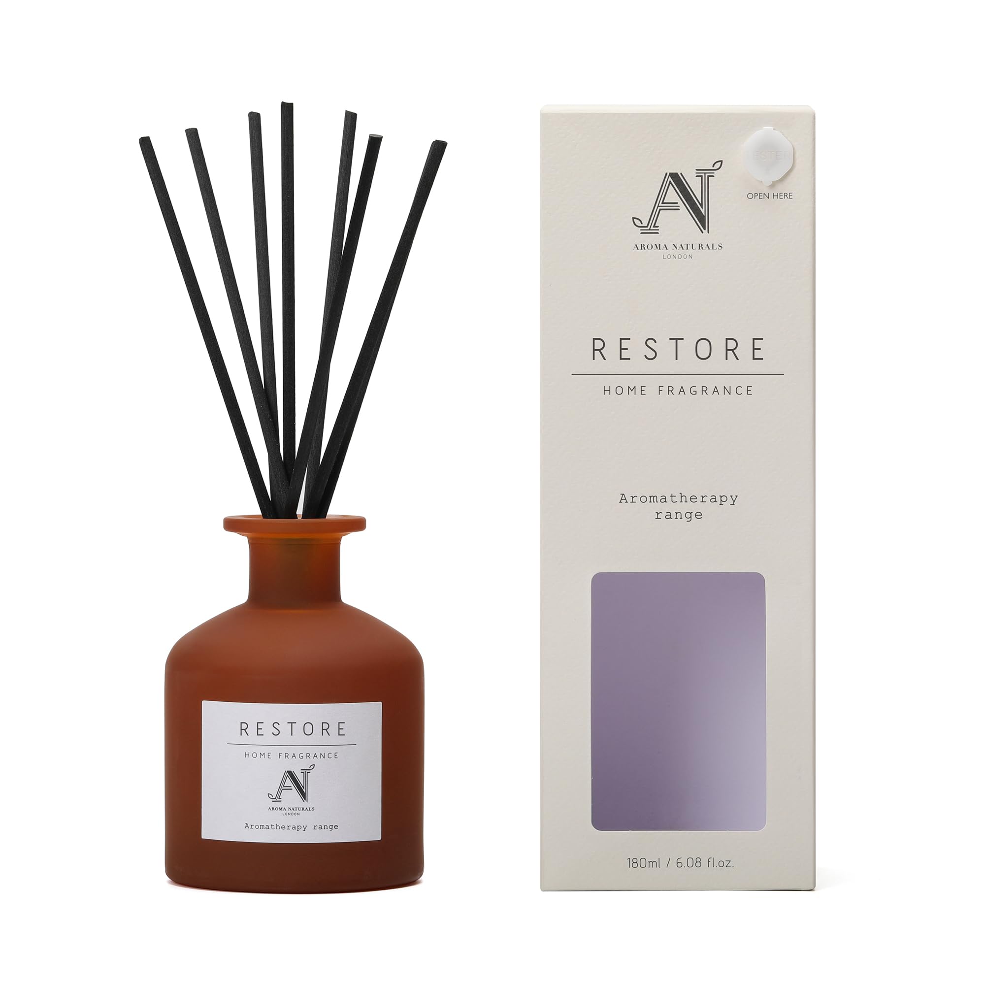 Aroma Naturals Brown Aromatherapy Reed Diffuser 180Ml Glass Vessel, Home Fragrance Air Fresheners Last Up To 24 Weeks, Restore Scent