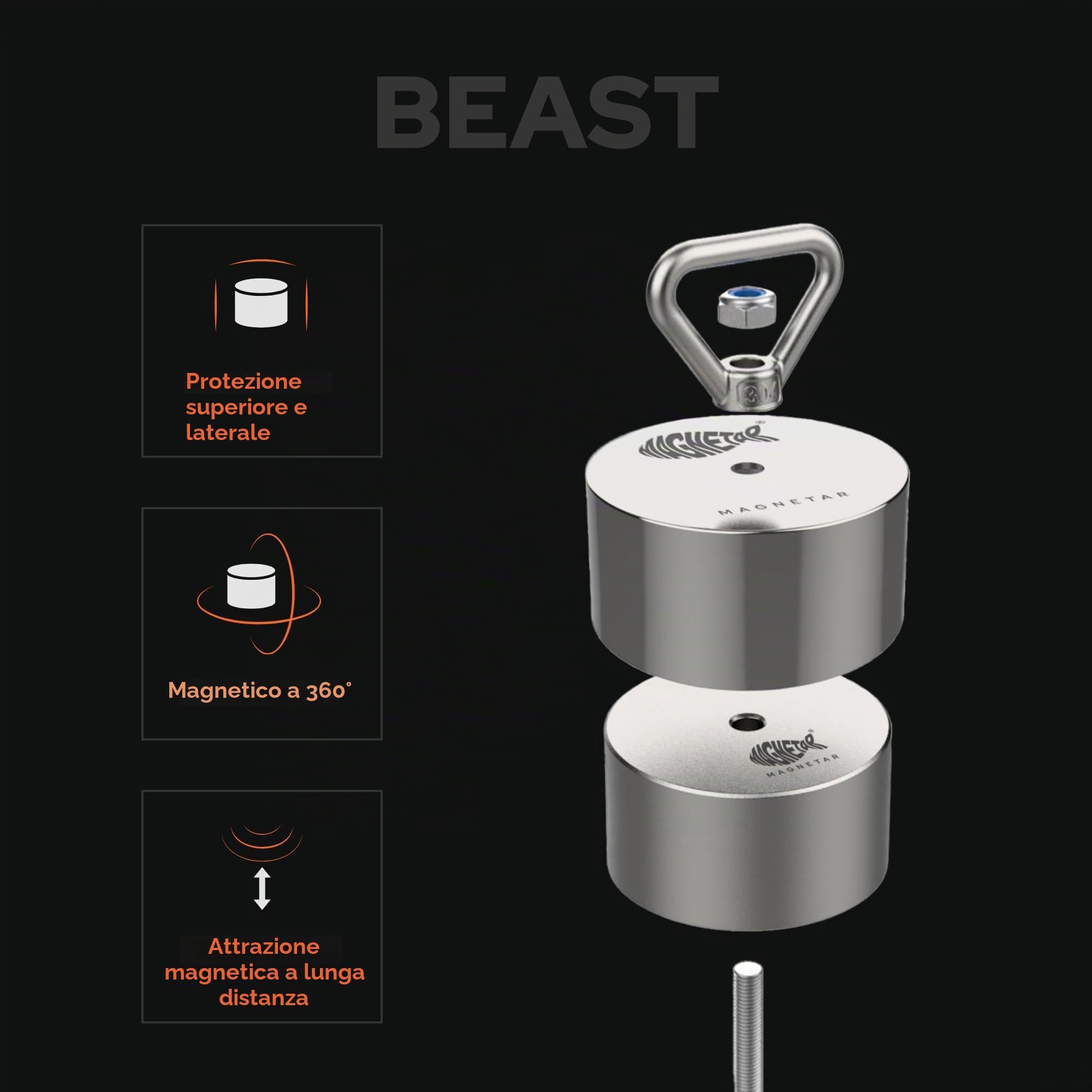Magnetar Magnete da Pesca - 1400 kg Pesca Magnetica 360 - Beast - Magnet Fishing Kit con Amo/Corda/Guanti/Copertura/Colla - Magneti Neodimio da Pesca