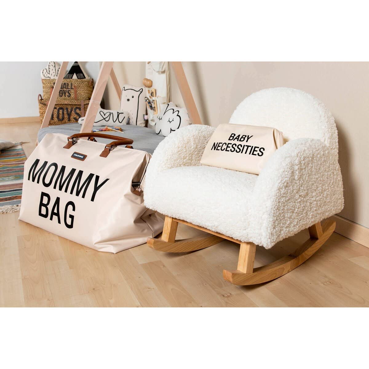 Childhome, Schaukelstuhl für Kinder, bequemer Sessel, Holzsessel, Design, robust, sicher, Sessel mit Armlehnen, Teddy weiß