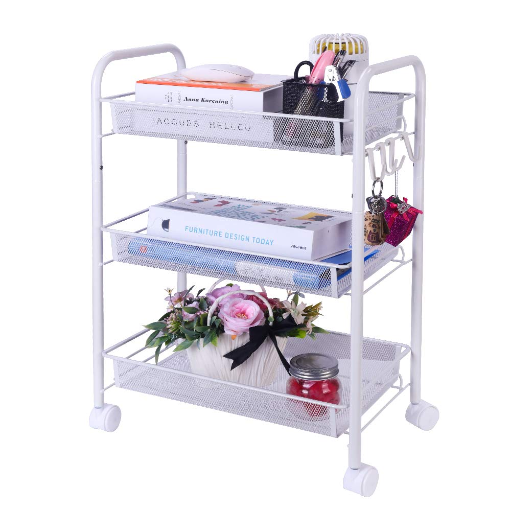 Carrello portaoggetti, con Ruote in Rete Carrello Portaoggetti Mobile in Metallo Multiuso con Due Ruote Bloccabili e Quattro Ganci, per Cucina, Bagno, Soggiorno, Studia, Camera da Letto (Bianca)