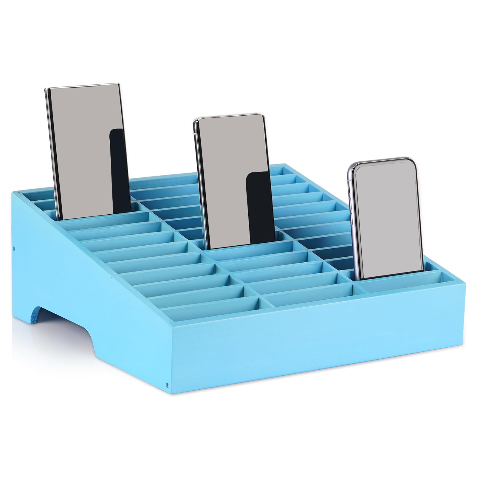 Wooden 36-Grid Cell Phones Storage Box Desktop Mobile Phone Holder Organizer for Office School Classroom (36-Grid Blue)